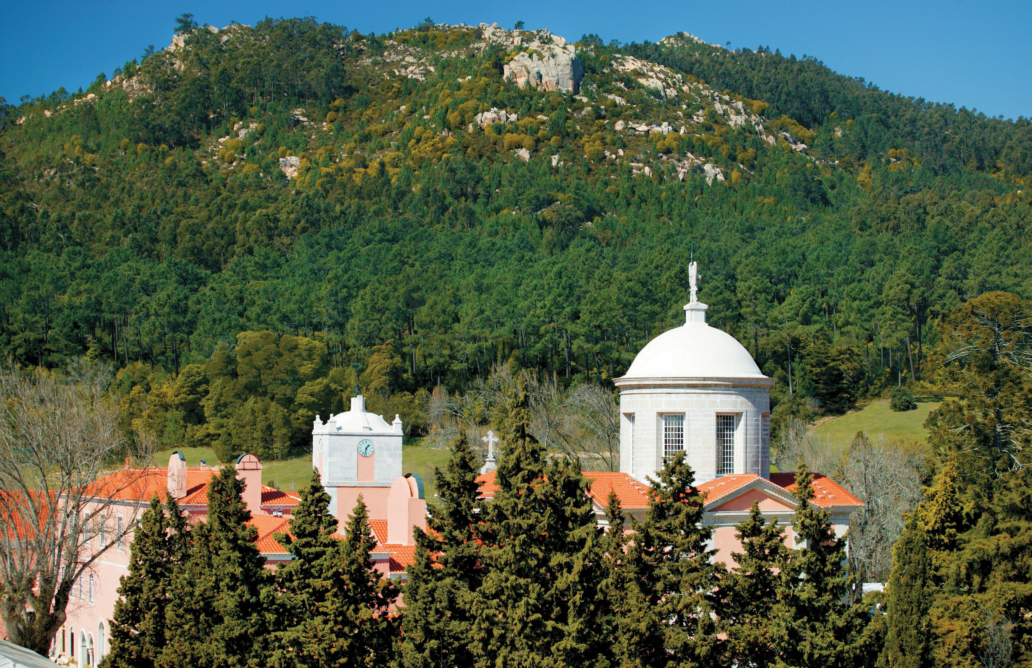 A building with a dome and a clock tower, surrounded by trees and a hill in the background.