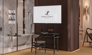 A modern interior with a large screen displaying "PENHA LONGA RESORT" logo, a bar area with stools, and a patterned floor.
