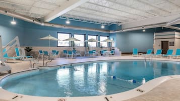 Indoor pool, open 8:00 AM to 10:00 PM, pool umbrellas, sun loungers