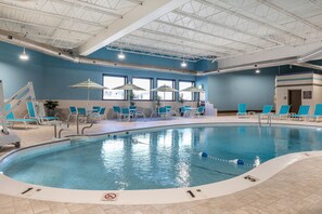 Indoor pool, open 8:00 AM to 10:00 PM, pool umbrellas, pool loungers