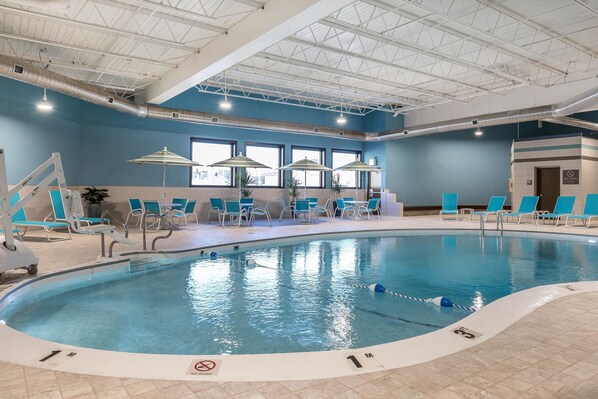 Indoor pool, open 8:00 AM to 10:00 PM, pool umbrellas, pool loungers