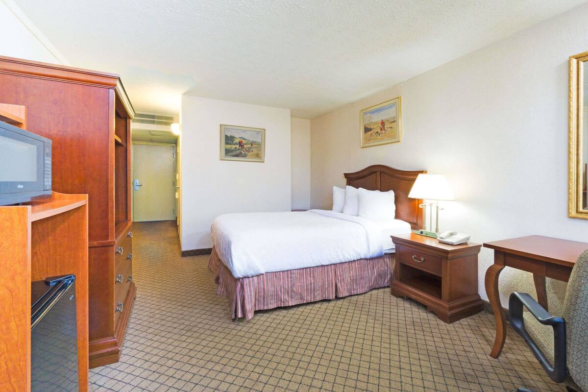 A hotel room with a bed, bedside table, lamp, chair, wooden wardrobe, and a television.