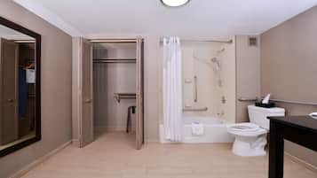A modern bathroom with a walk-in shower, a bathtub, a toilet, and a vanity.