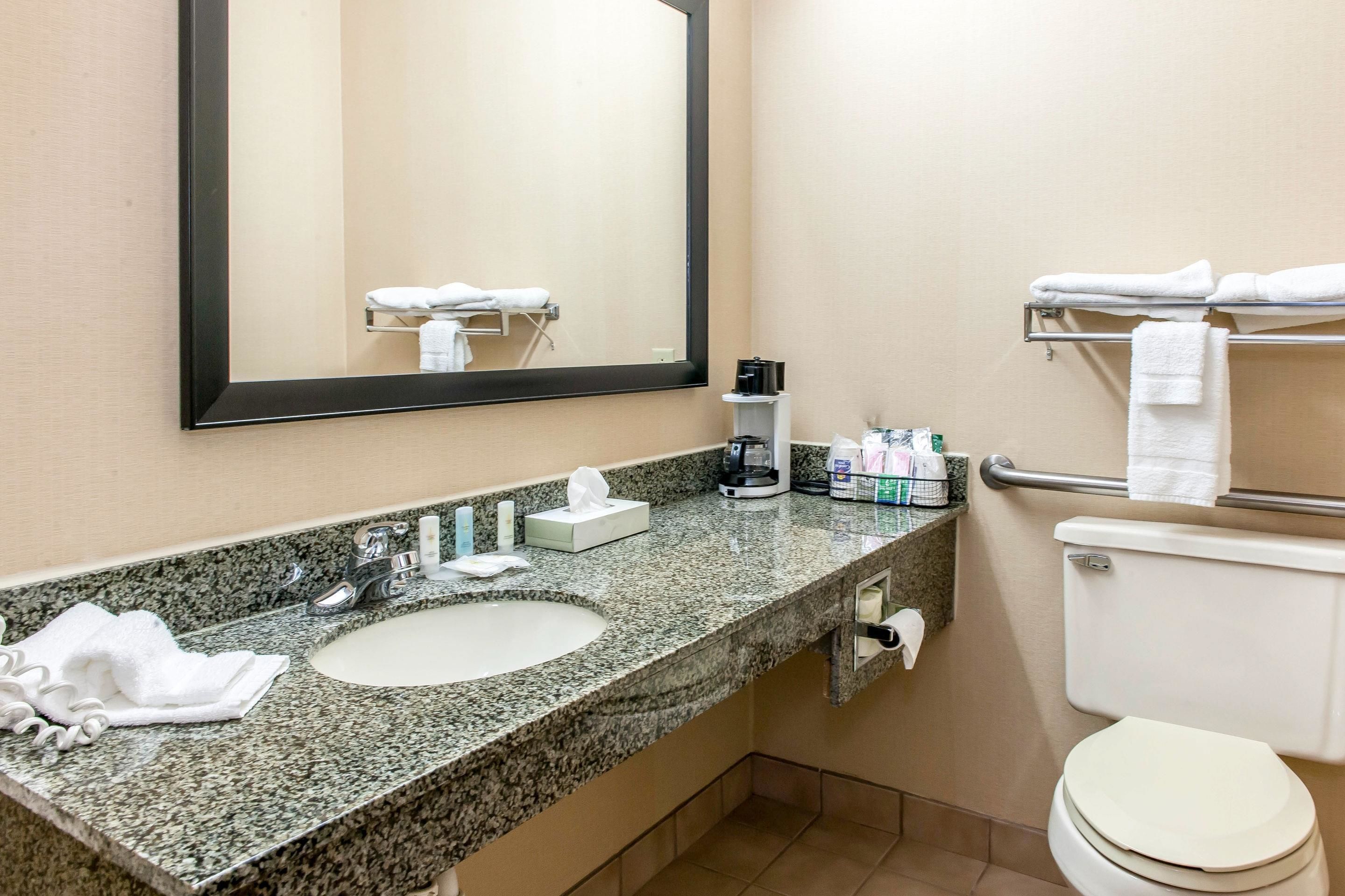 combined shower/bathtub, free toiletries, hair dryer, towels