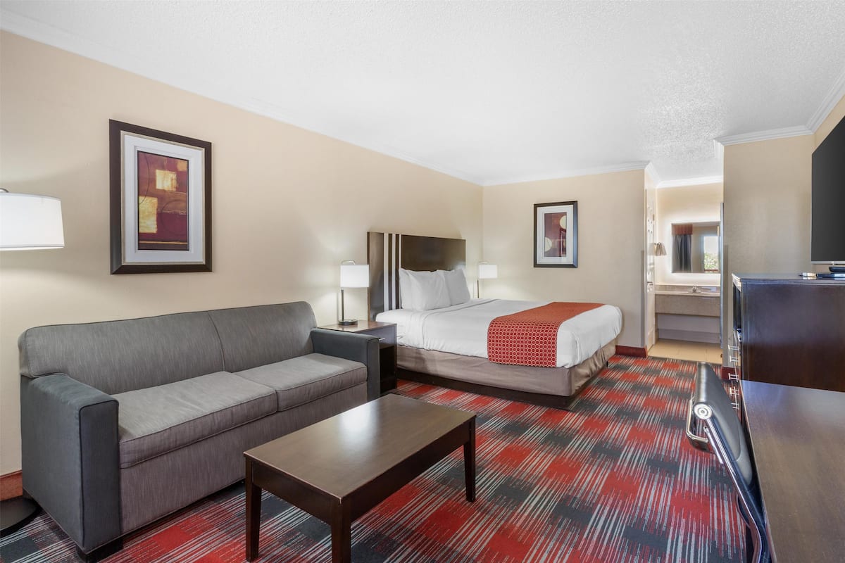 Habitación de hotel con sofá gris, una cama individual con manta roja, una mesita de centro de madera y una alfombra con estampado rojo y negro.