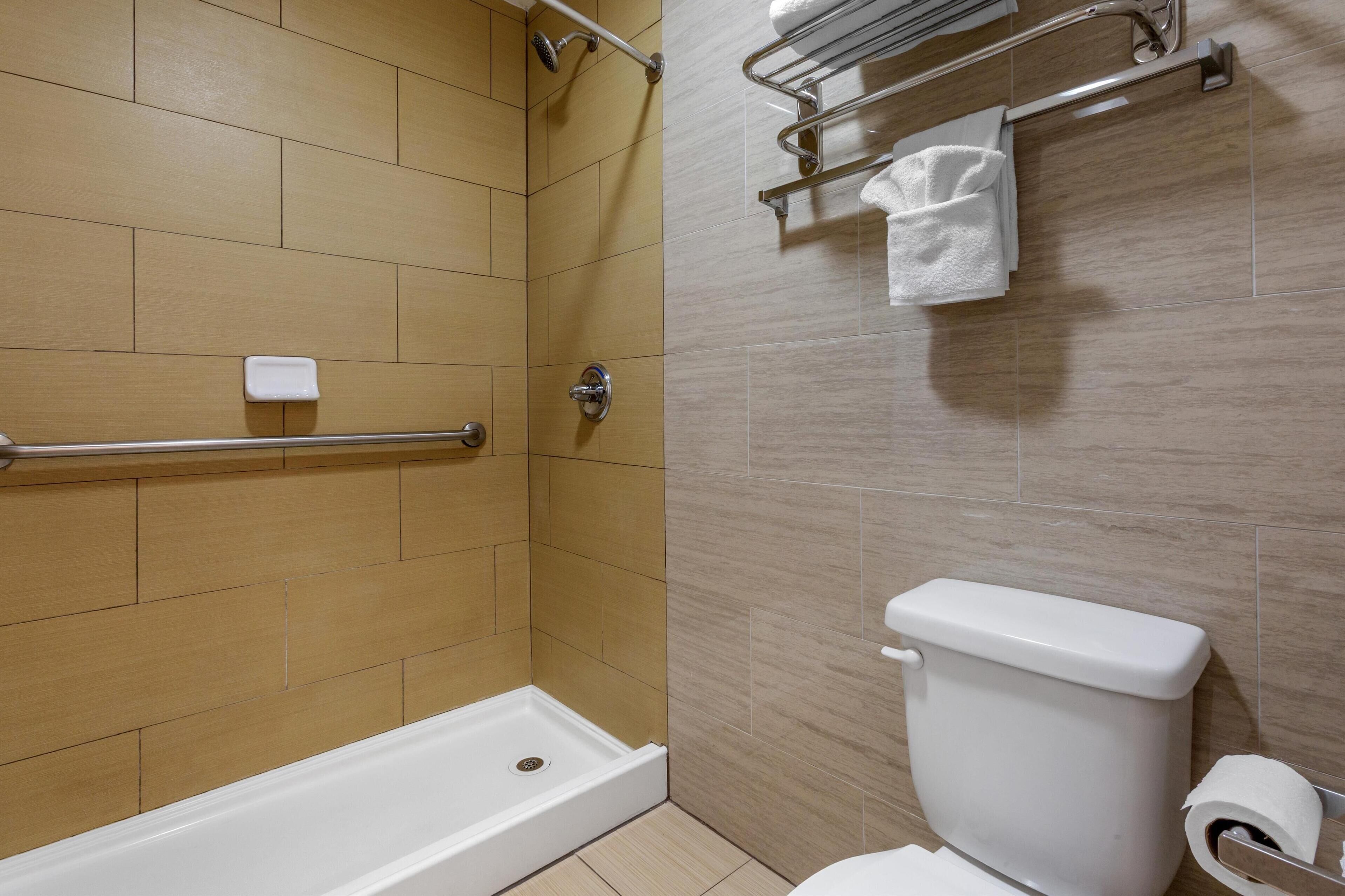 standard room, 1 king bed, non smoking, refrigerator & microwave (walk-in shower) | bathroom | free toiletries, hair dryer, towels, soap