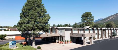 A motel with a parking lot, a large tree, and a mountain in the background.