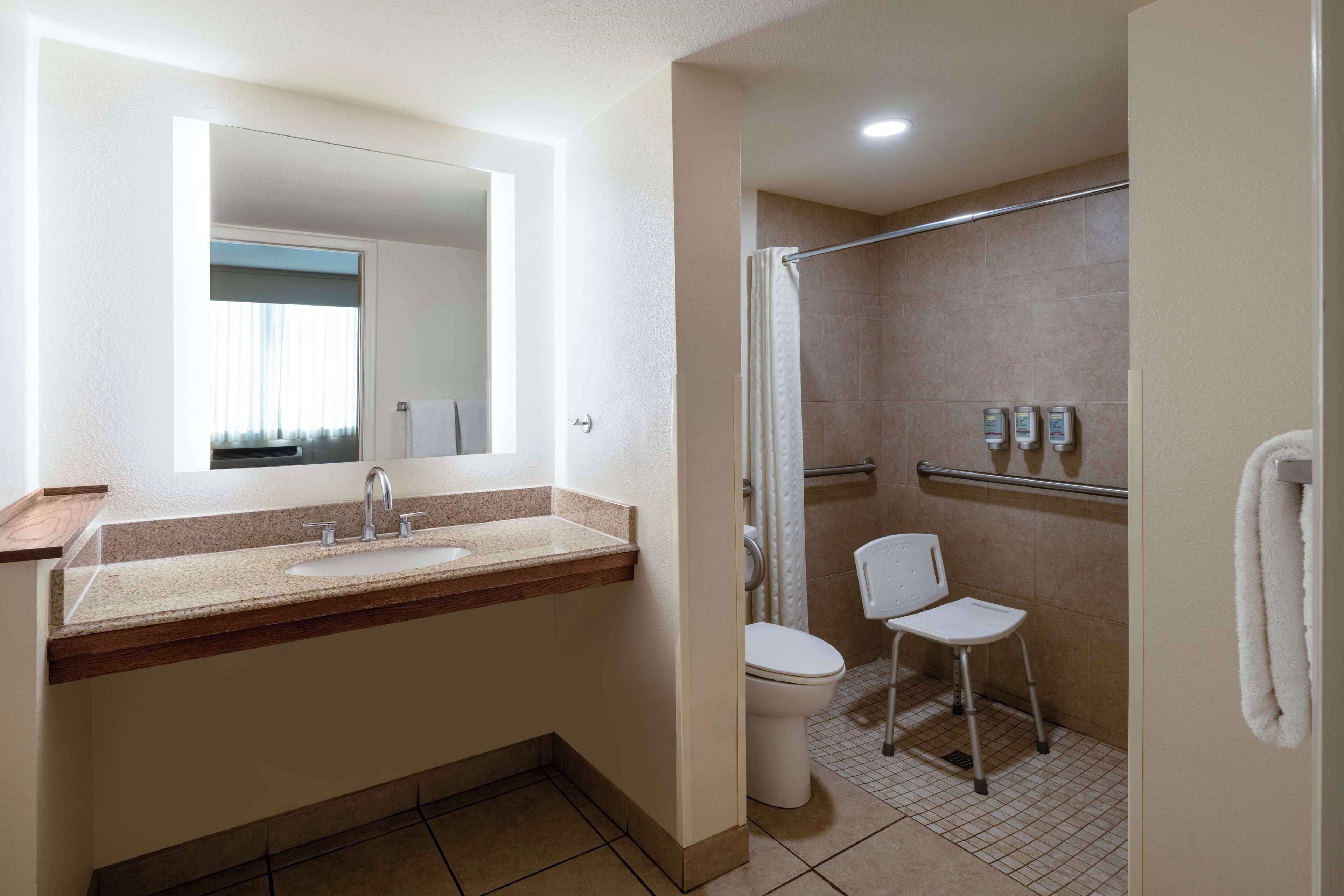 A bathroom with a sink, mirror, shower, and toilet.