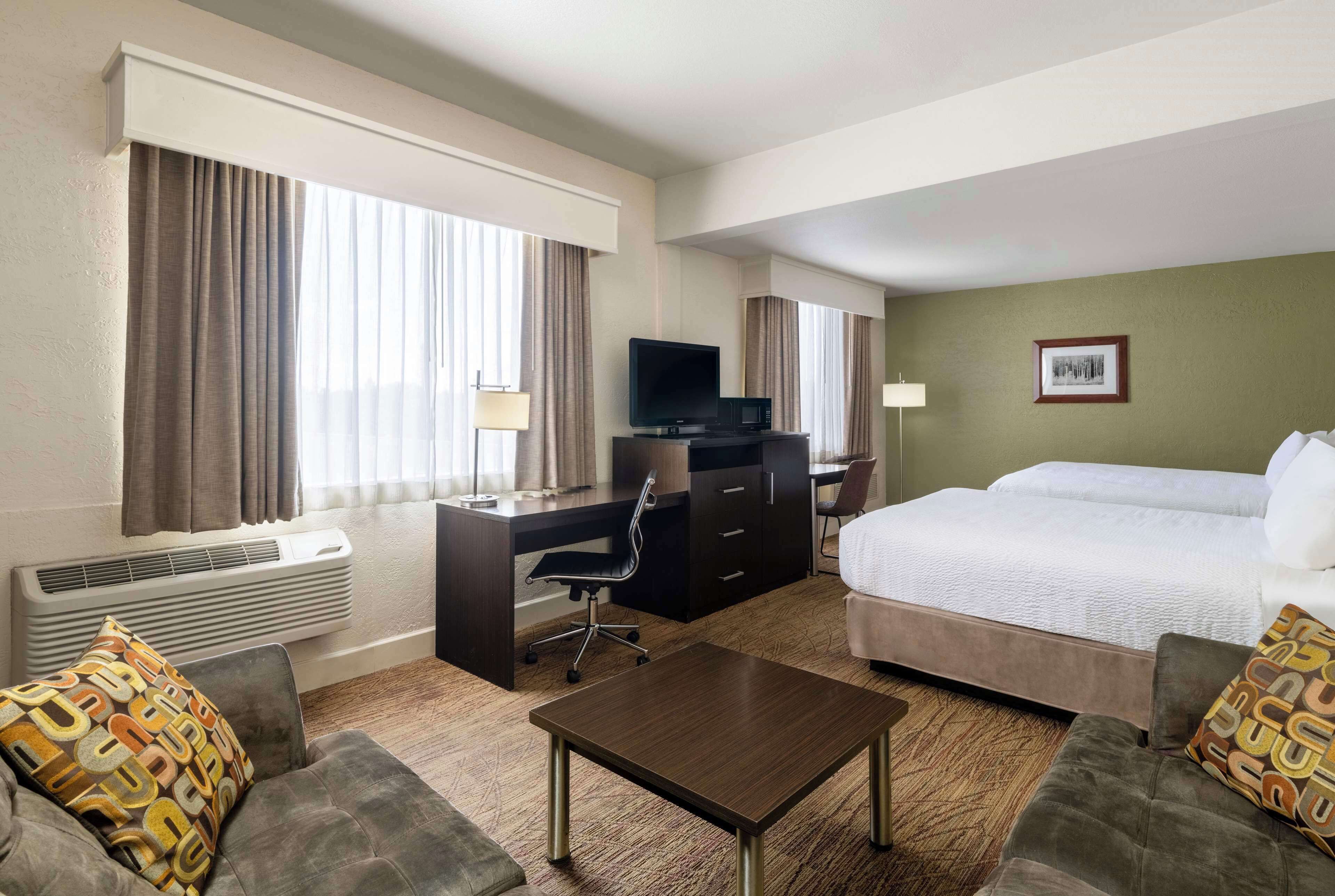 A hotel room with a bed, two sofas, a desk with a chair, a television, and a picture on the wall.