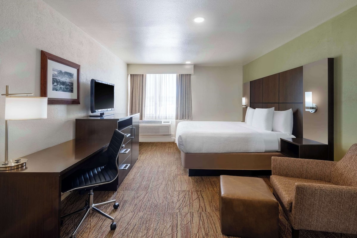 A hotel room with a bed, a desk with a chair, a television, a lamp, and a picture on the wall.