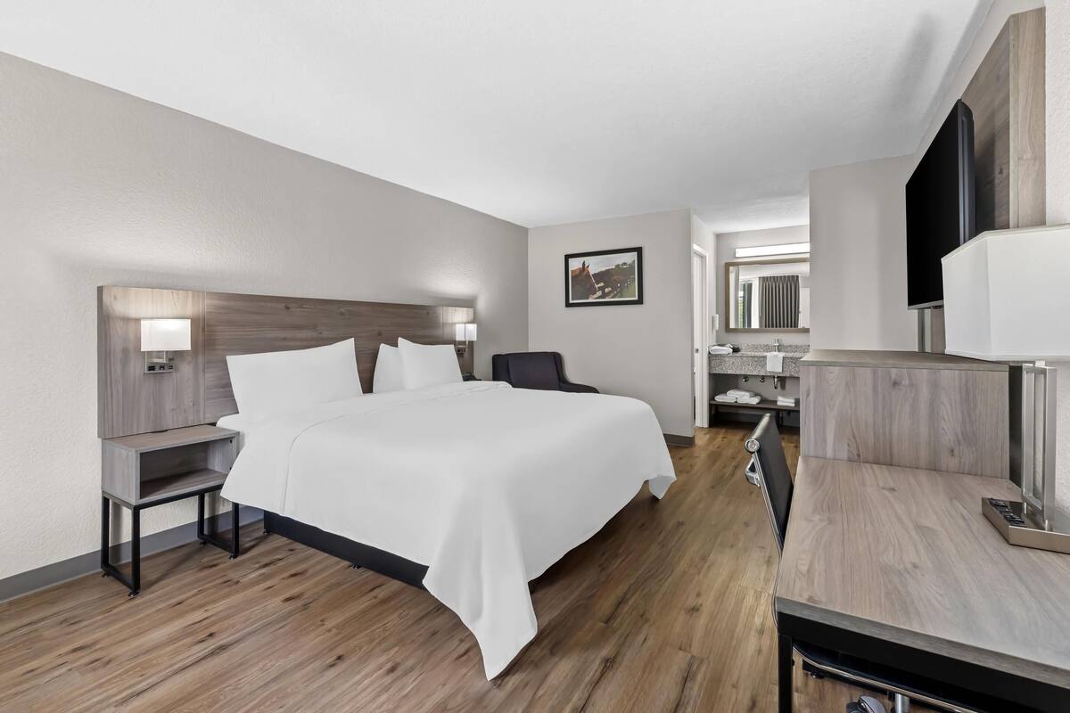 A hotel room with a bed, bedside tables, a desk, a chair, a TV, and a mirror.