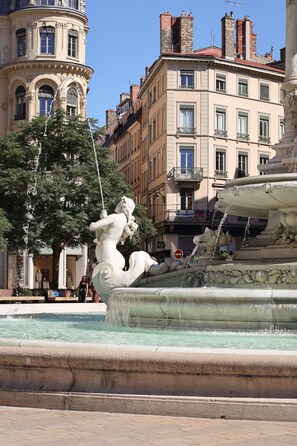A historic fountain with a statue, surrounded by classic architecture and a tree. - Le Phenix Hotel (Lyon)