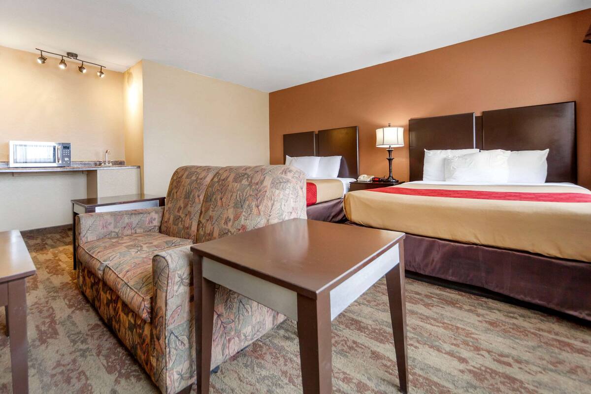 Une chambre d’hôtel équipée d’un lit, d’un canapé, d’une table et d’un four à micro-ondes.