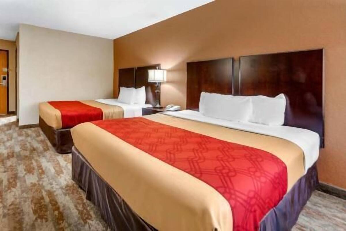 Une chambre d’hôtel avec deux lits : un grand lit recouvert d’une courtepointe rouge et beige, et un lit plus petit recouvert d’une courtepointe blanche.