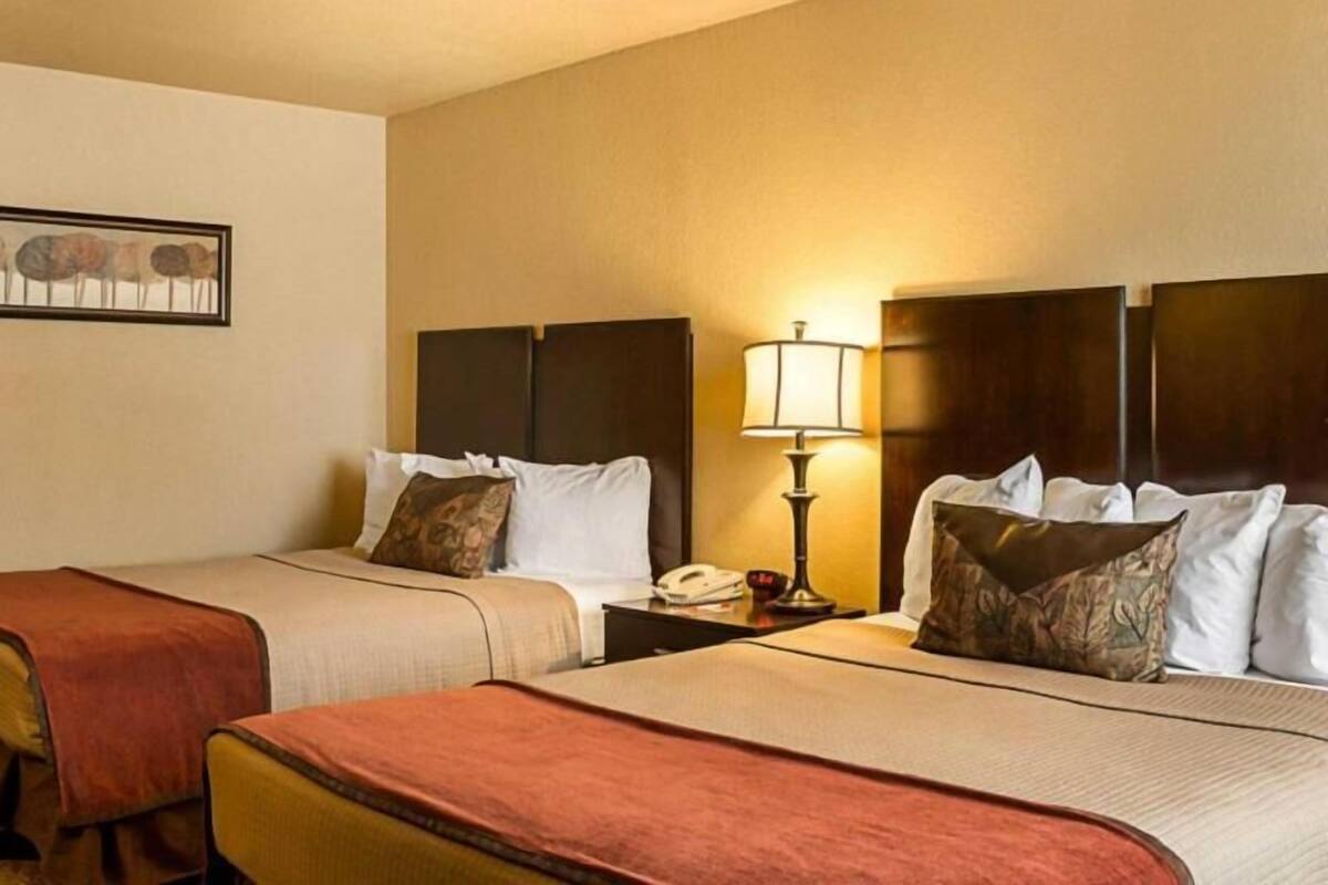 Une chambre d’hôtel avec deux lits, une table de chevet avec une lampe et un tableau encadré au mur.