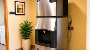 A stainless steel beverage dispenser in a hotel lobby with a potted plant and a framed picture on the wall. - Days Inn by Wyndham Hinckley (Hinckley)