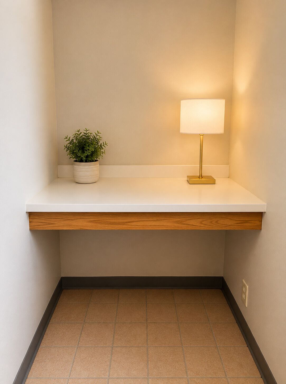 A small, clean hallway with a white countertop, a potted plant, and a table lamp.