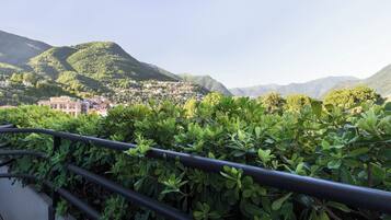 Un balcon donnant sur une ville perchée sur une colline, avec une balustrade et une végétation luxuriante.