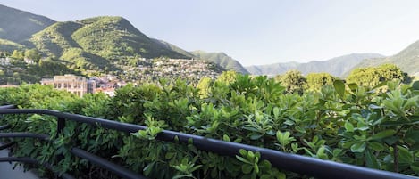 A balcony with a view of a hillside town, a railing, and dense greenery.