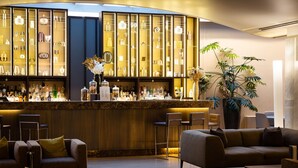 A bar area with a curved counter, multiple seating options including sofas and bar stools, and a large potted plant. - Sheraton Lake Como Hotel (Como)