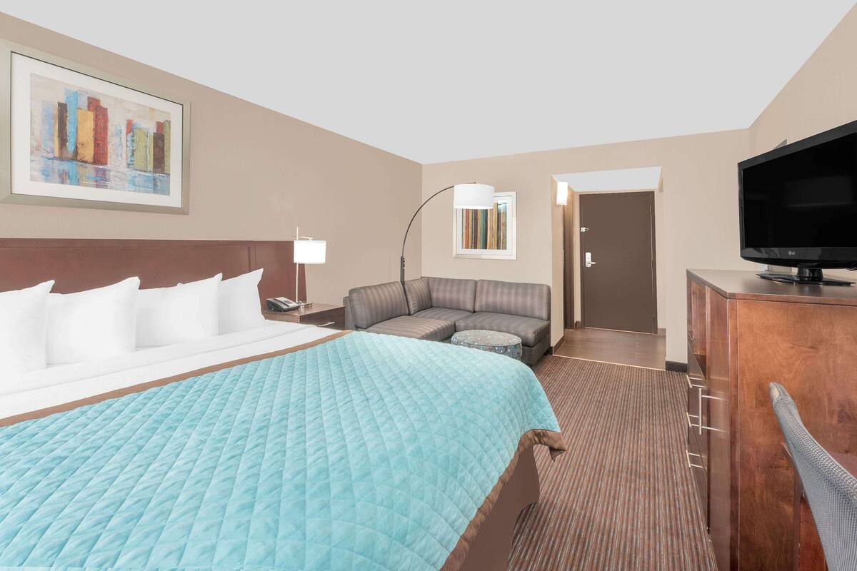A hotel room with a large bed, a sofa, a desk with a television, and a painting on the wall.