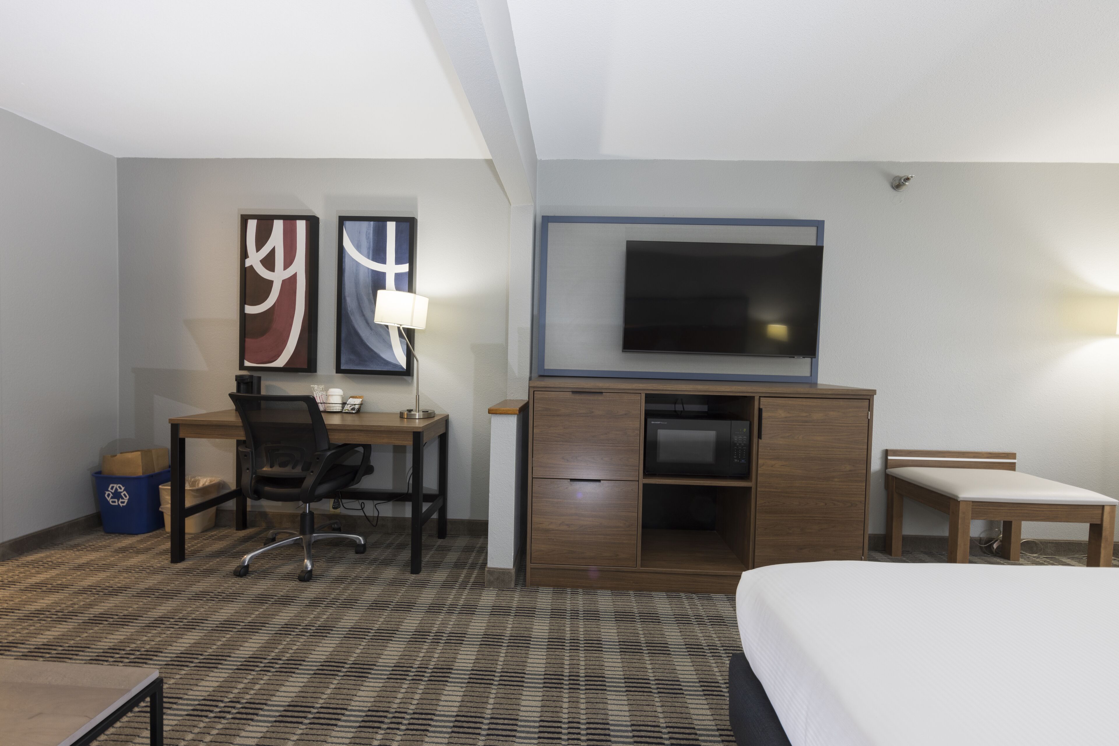 A hotel room with a bed, desk, chair, TV, and artwork on the wall.