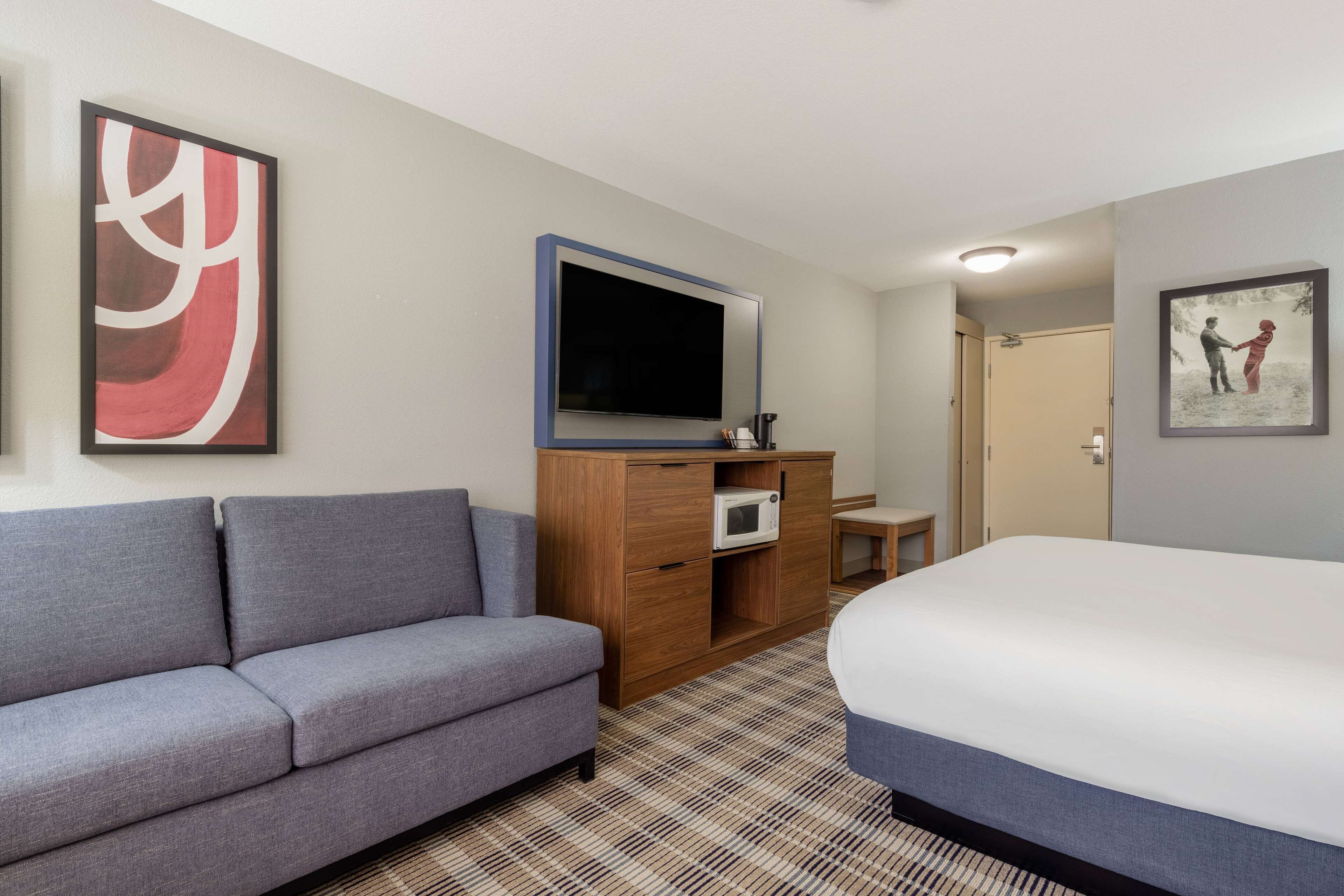 Habitación de hotel con un sofá gris, una cama, un televisor de pantalla plana, un microondas y obras de arte en las paredes.