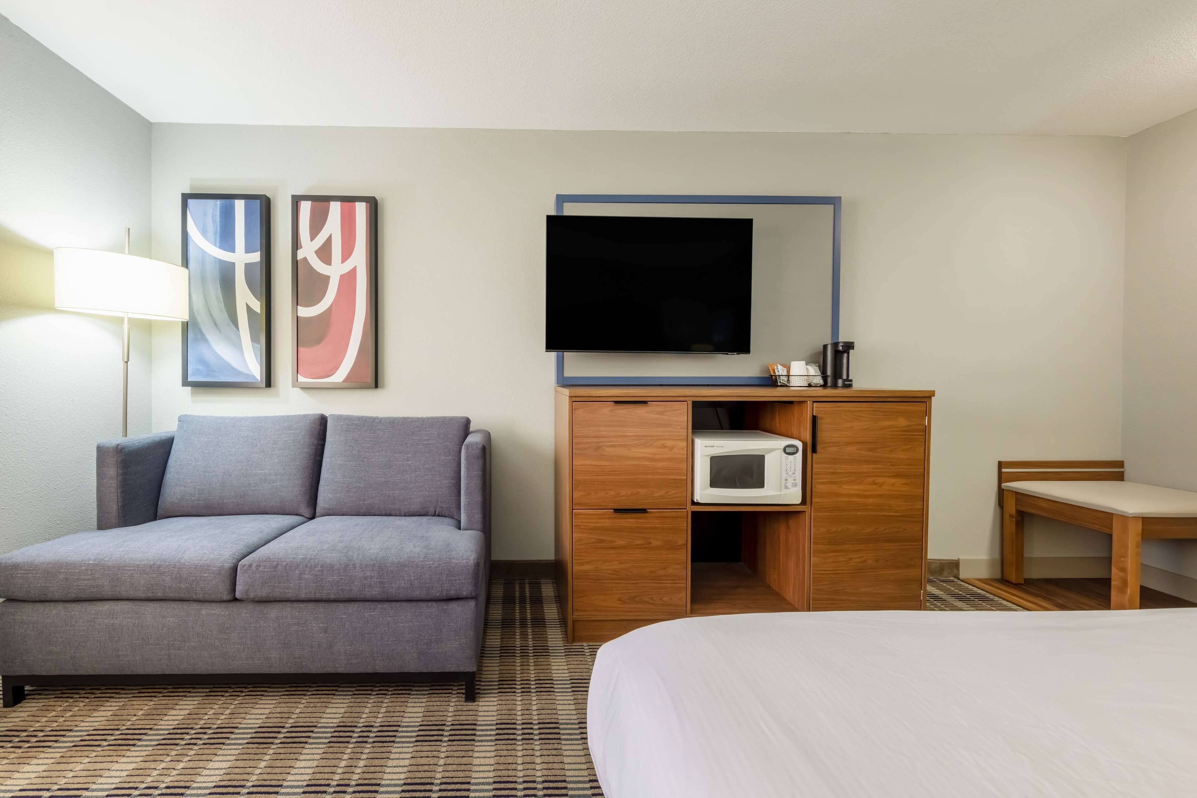 A hotel room with a grey sofa, a bed, a wooden cabinet with a microwave, a TV, and two abstract wall art pieces.