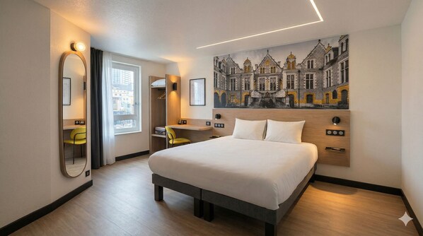 A hotel room with a large bed, a desk, a chair, a mirror, and a cityscape painting on the wall. - B&B Hotel Orléans Centre Foch (Orléans)