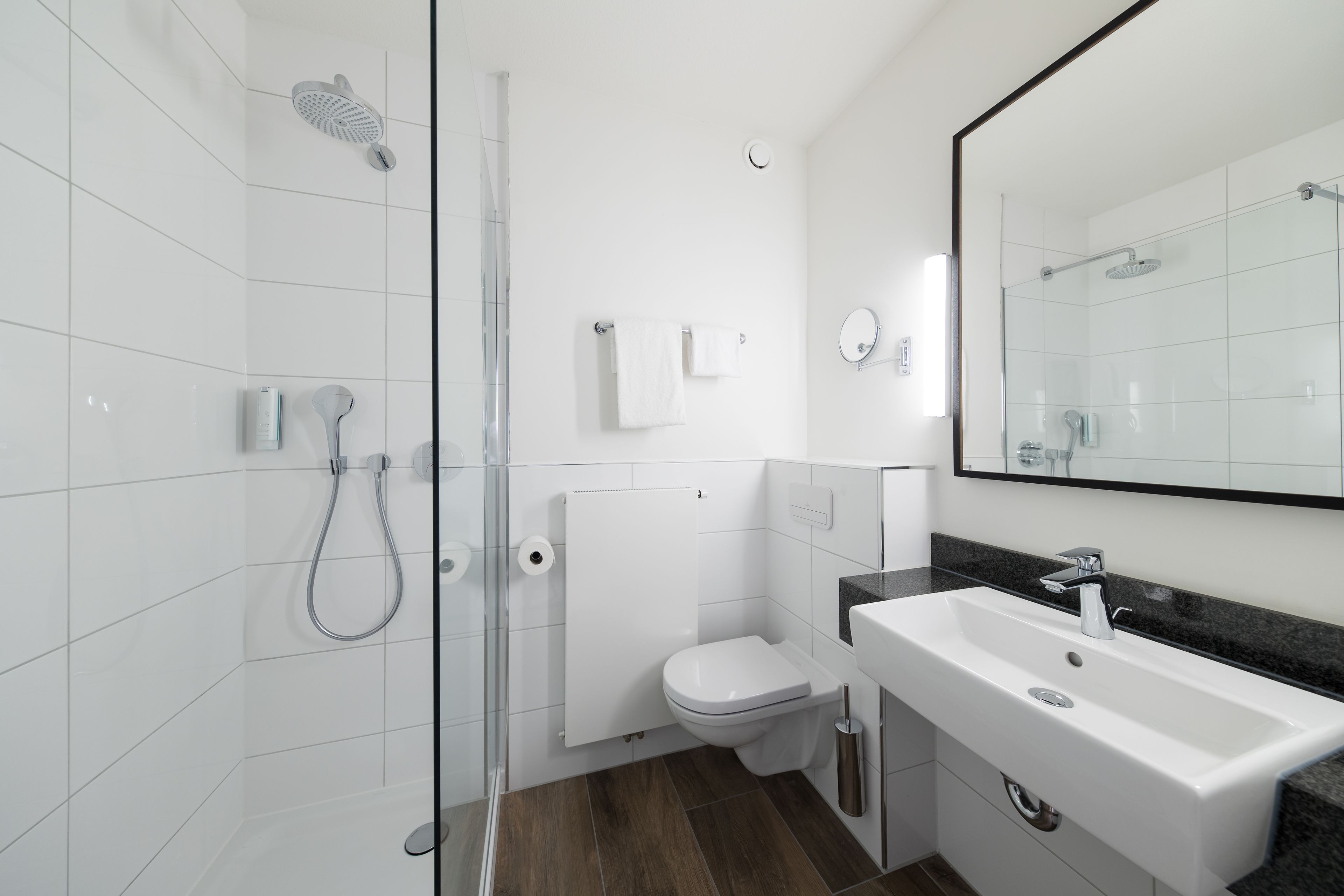 family room | bathroom | shower, free toiletries, hair dryer, towels