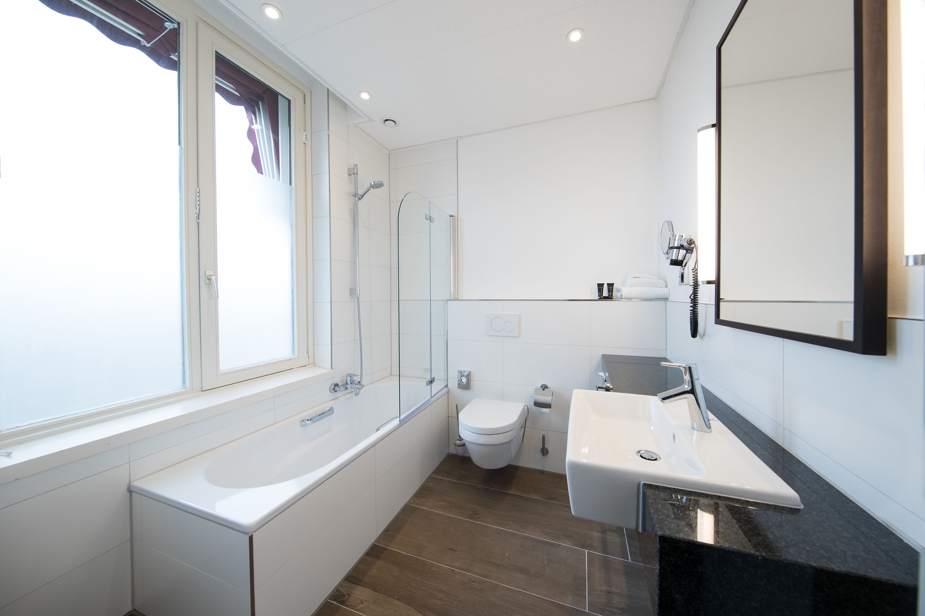 free toiletries, hair dryer, towels