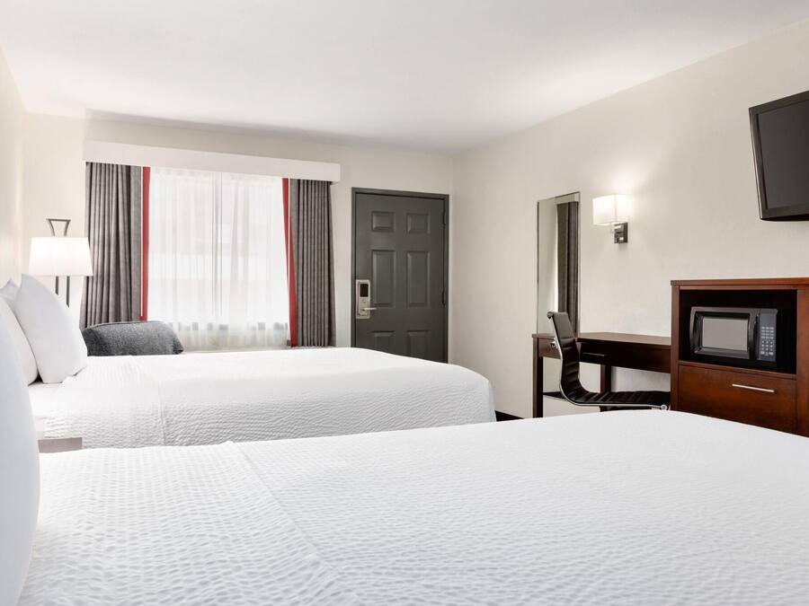 Habitación de hotel con dos camas, un escritorio, una silla, un televisor y un microondas.