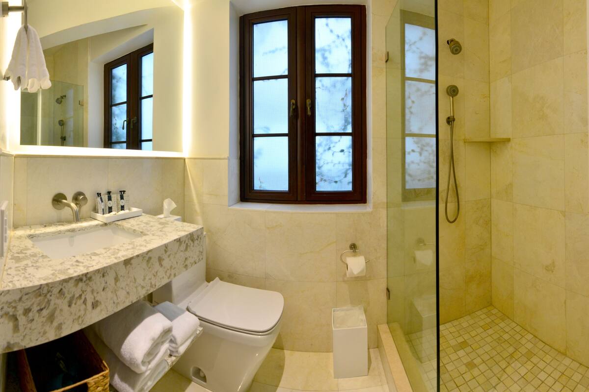 superior suite, 1 king bed (king suite) | bathroom | rainfall showerhead, designer toiletries, hair dryer, towels