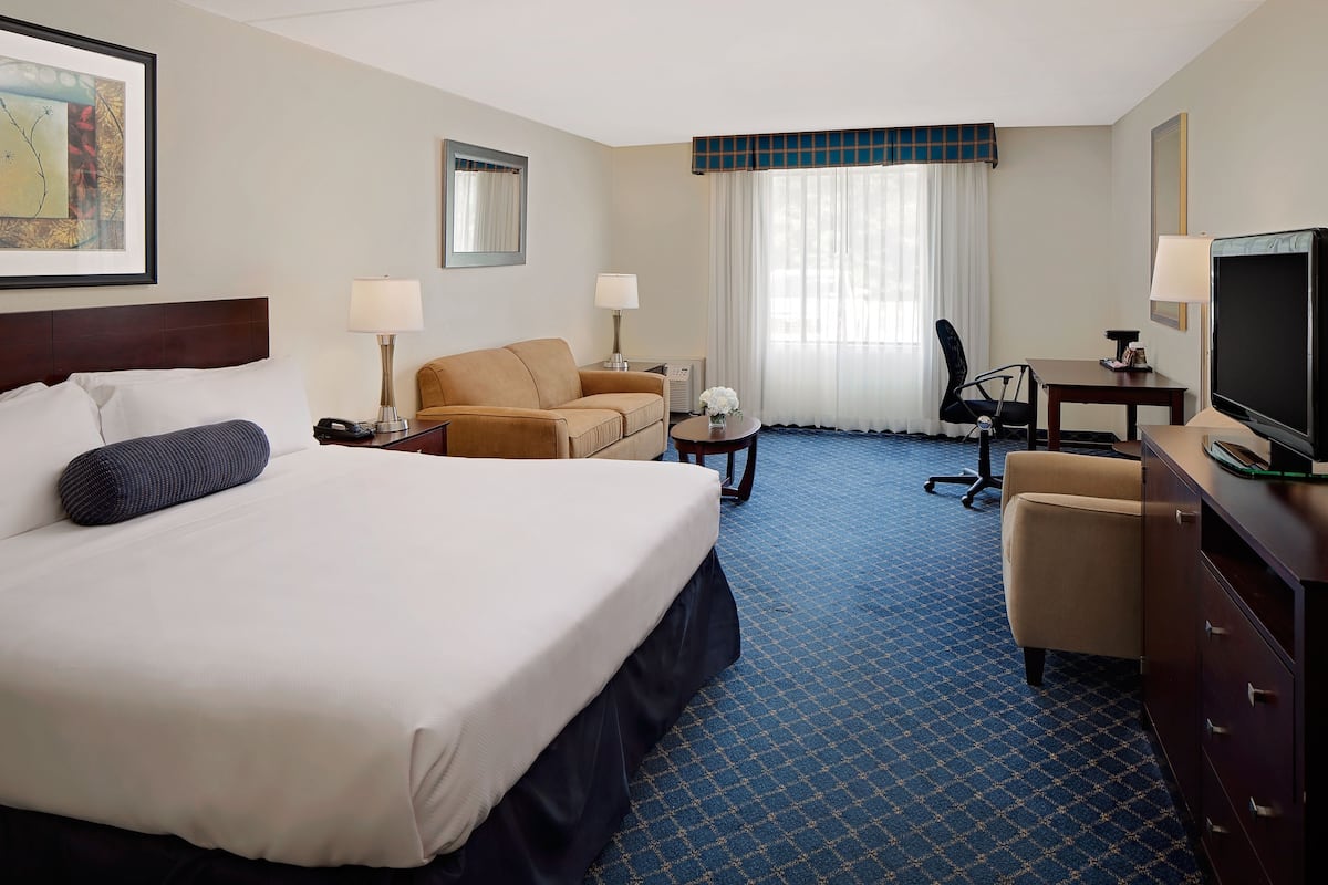 A hotel room with a large bed, a sofa, a desk, a chair, a television, and a window with curtains.