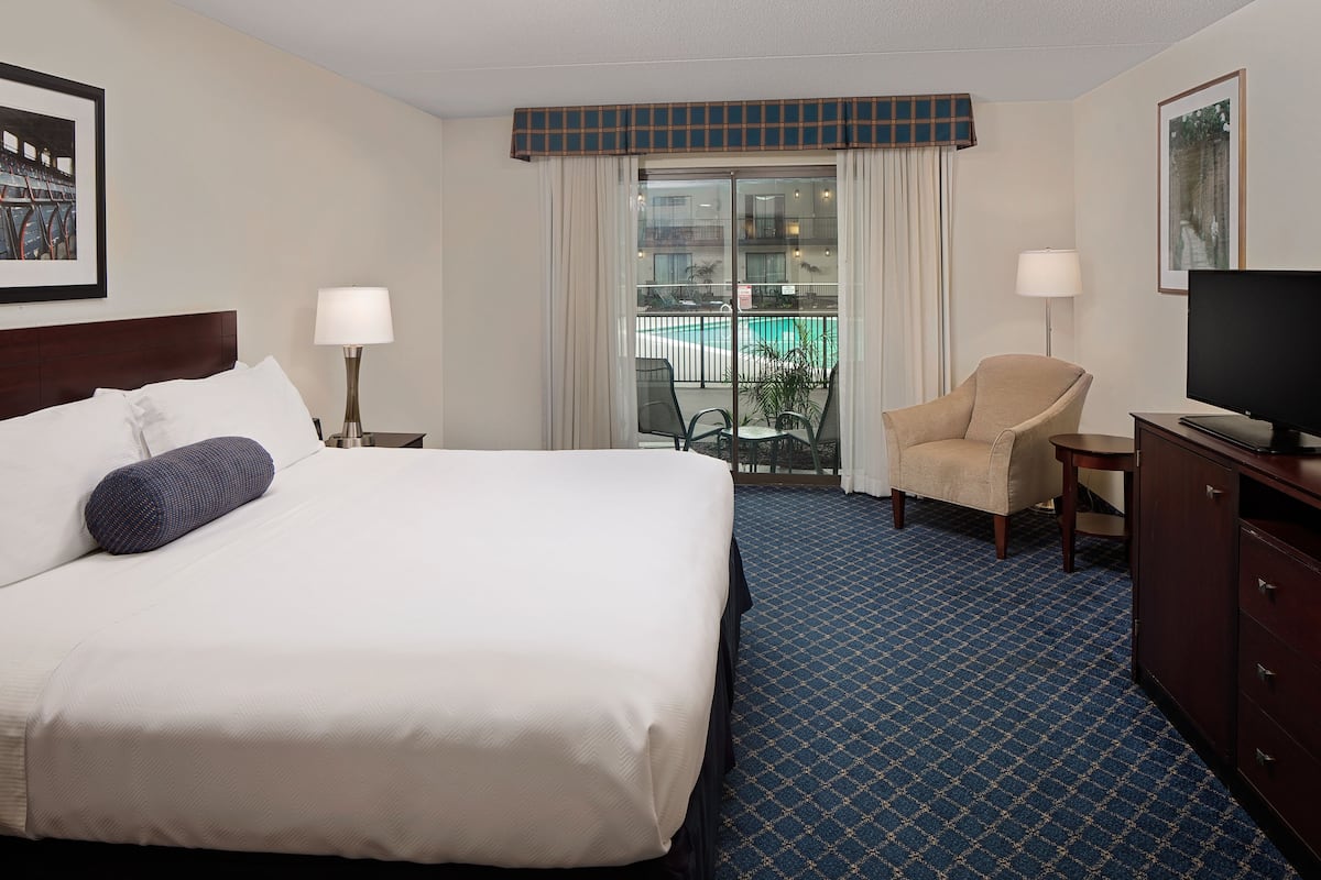 A hotel room with a large bed, a chair, a TV, and a view of a pool through a glass door.