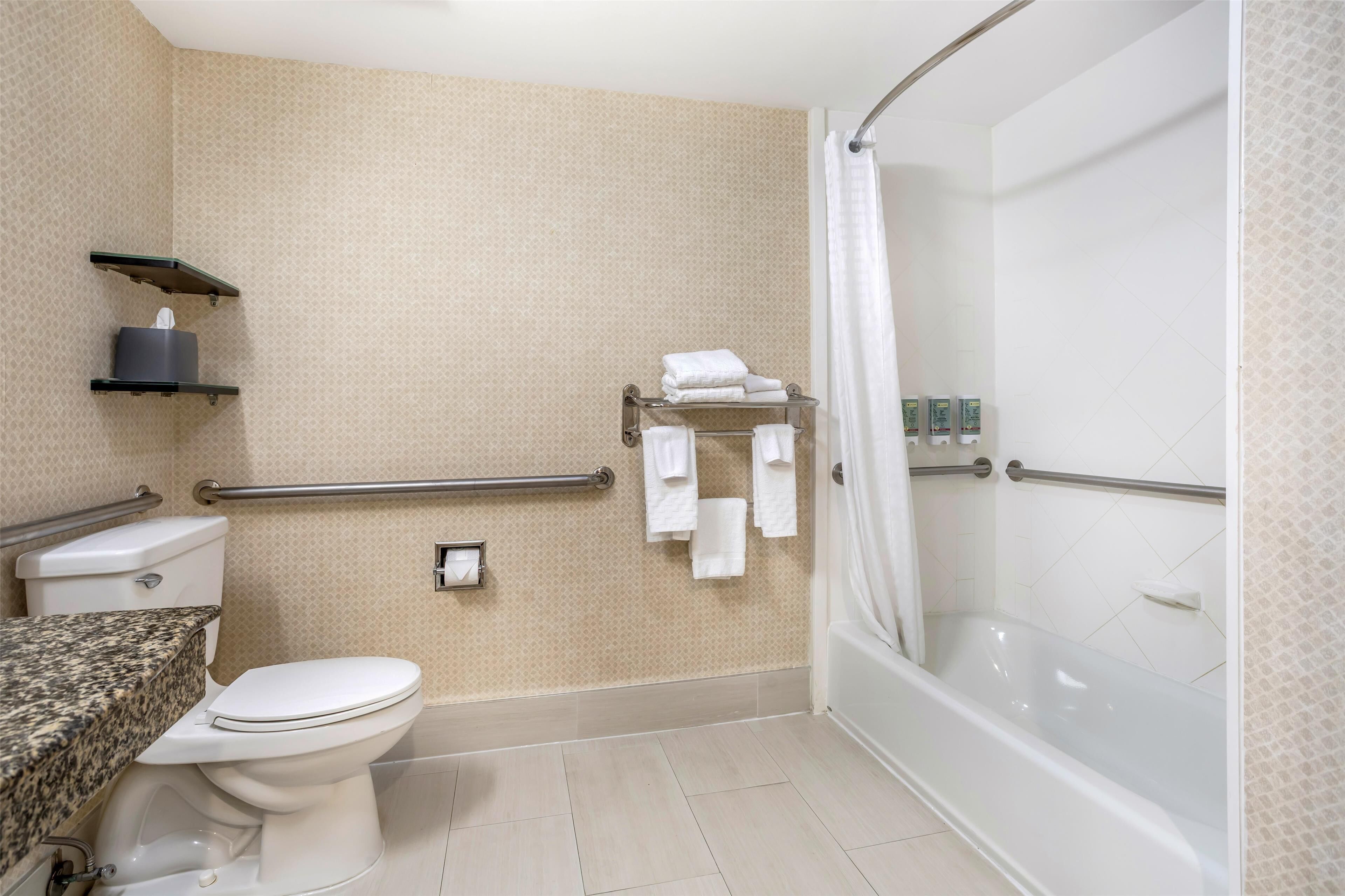 A modern bathroom with a toilet, a bathtub, and a shower area.
