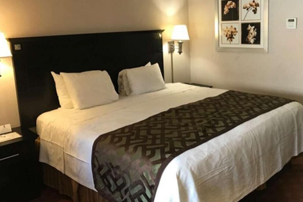 A hotel room with a large bed, two bedside lamps, a nightstand, a bathroom visible through an open door, and a framed picture on the wall.