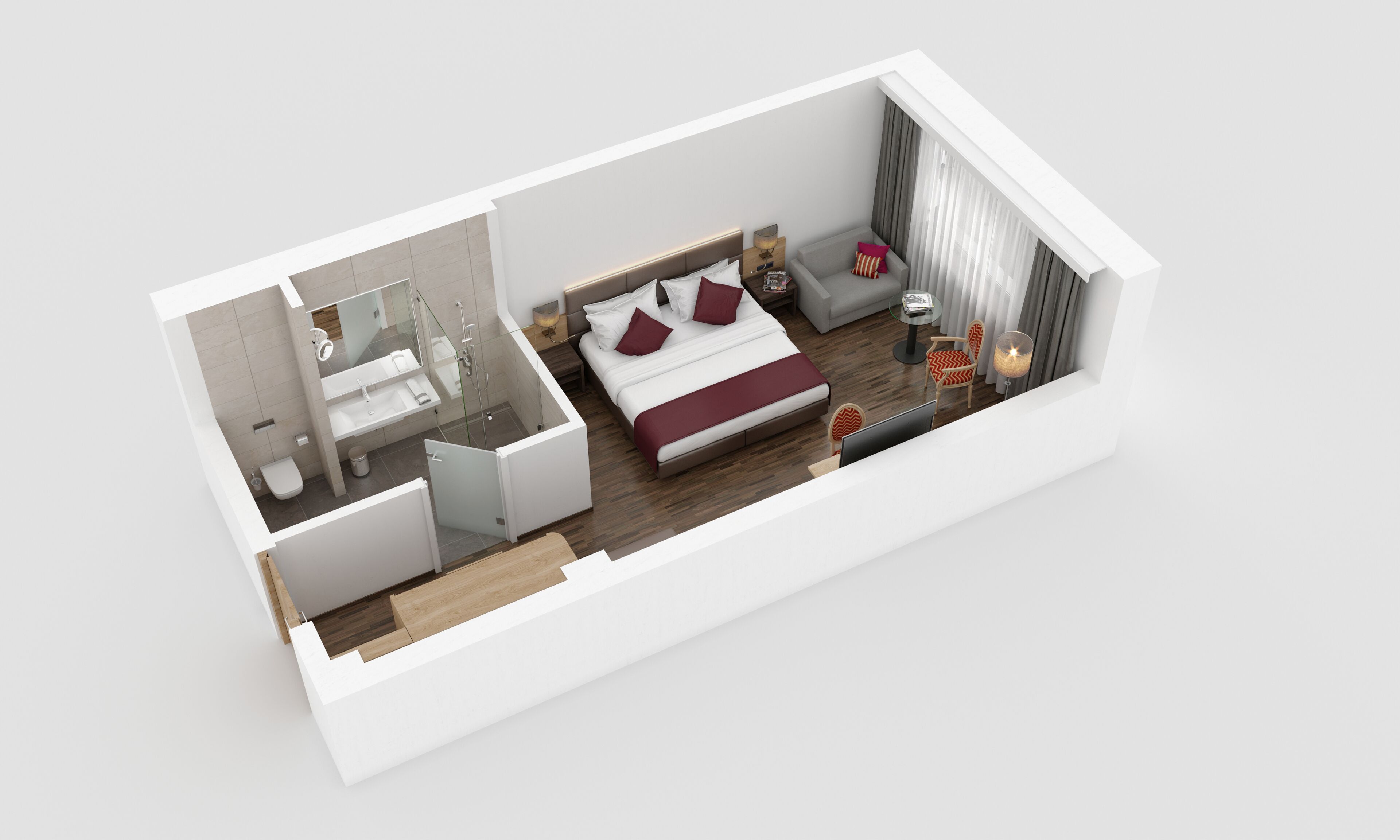 Une chambre d’hôtel moderne, équipée d’un lit, d’une table de chevet, d’une lampe, d’une chaise et offrant une vue sur l’extérieur.