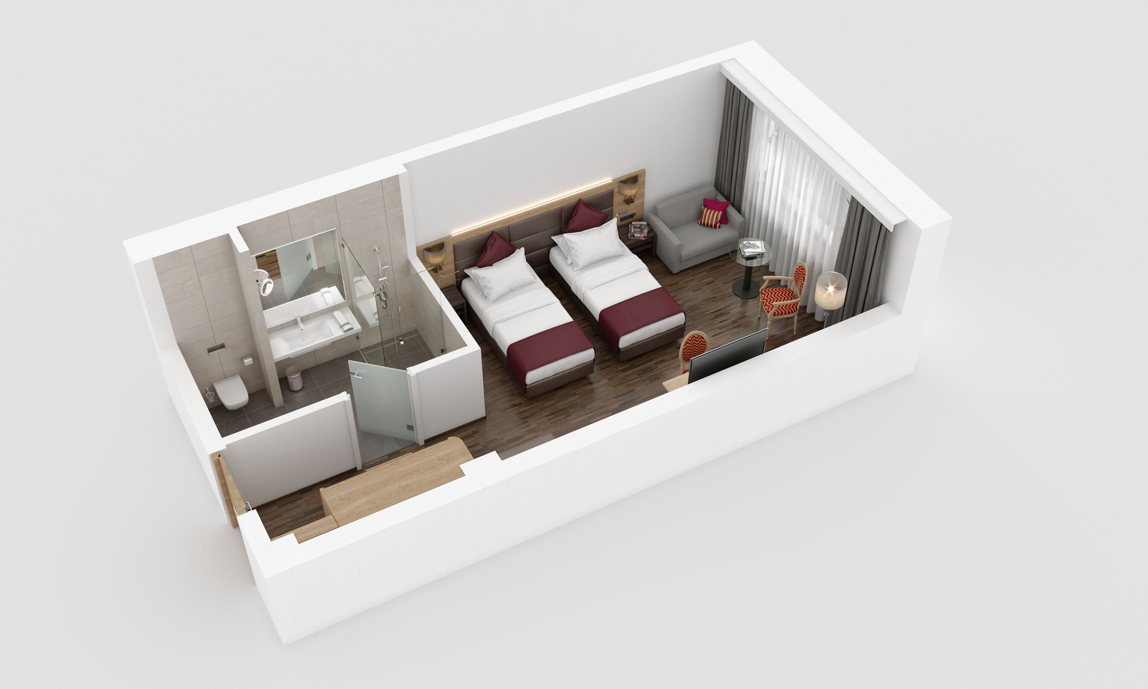 Ein 3D-Modell eines Hotelzimmers mit Bad, zwei Betten, einer Sitzecke, einem Sessel und einem Tisch.