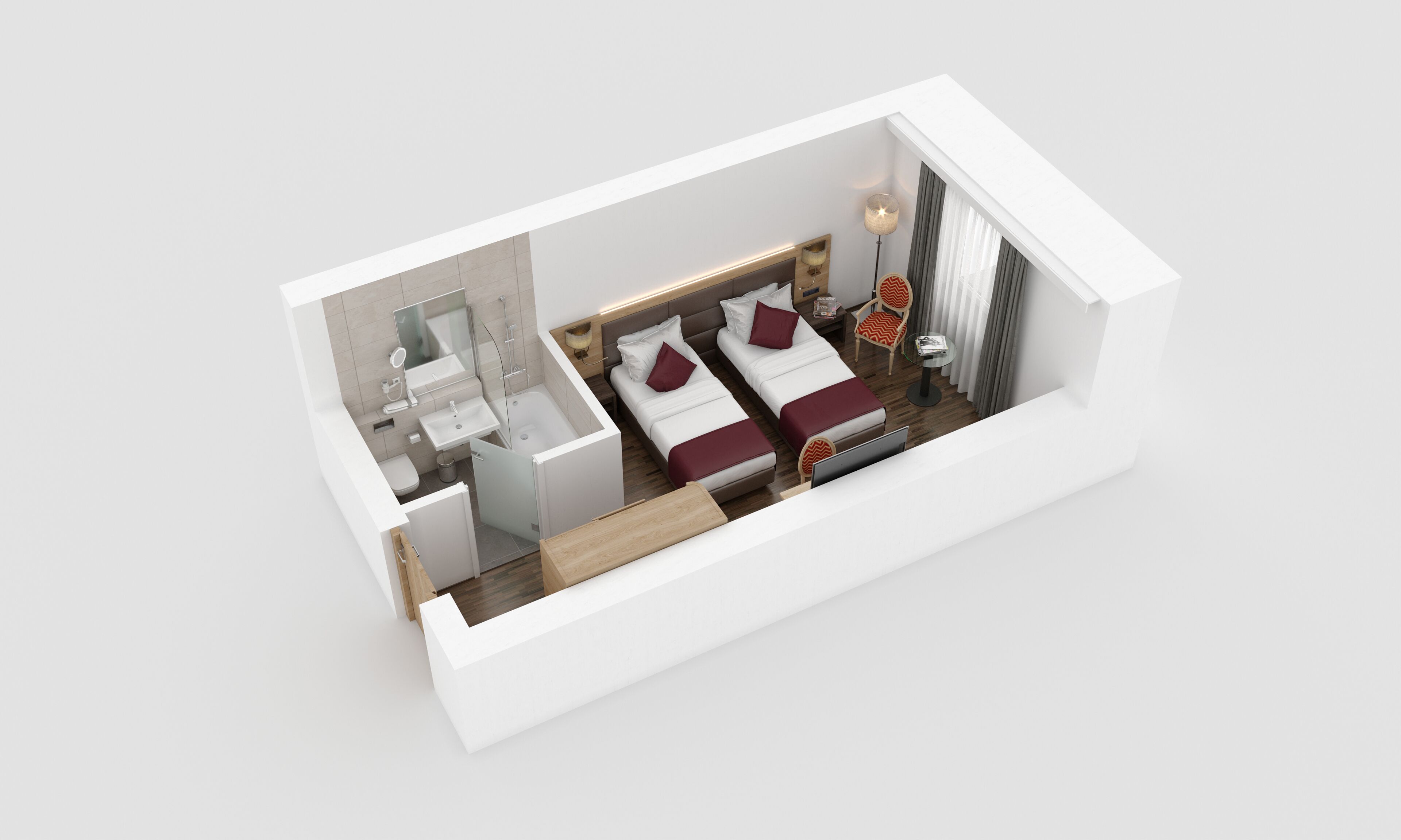 Modelo tridimensional de una habitación de hotel con baño, dos camas, una silla, una mesa y una lámpara.
