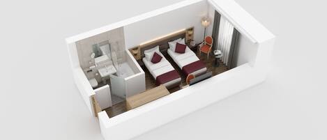 A 3D model of a hotel room with a bathroom, two beds, a chair, a table, and a lamp.