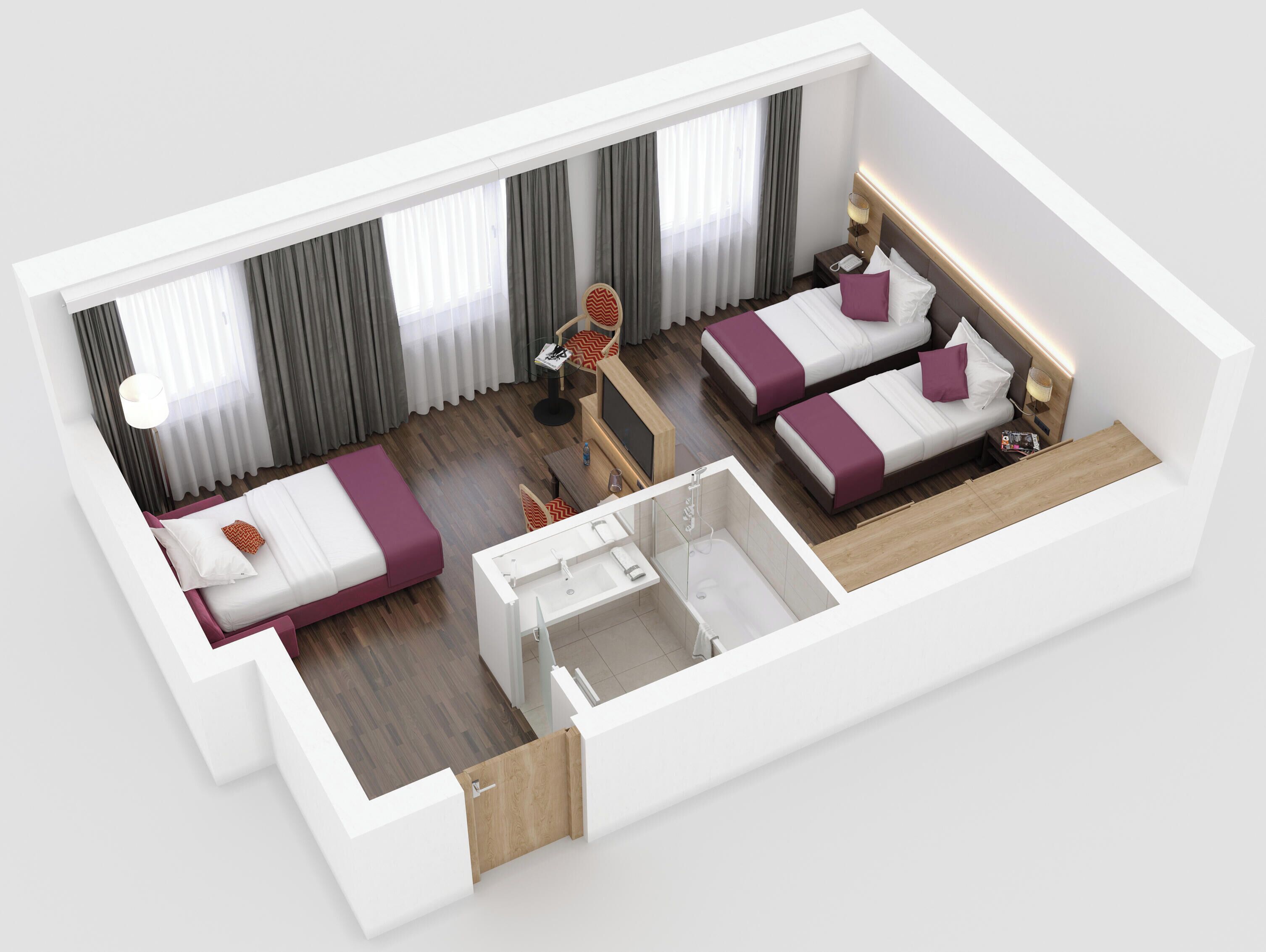 Ein Hotelzimmer mit zwei Betten, einem Schreibtisch, einem Stuhl, einem kleinen Tisch, einer Couch, einem Fernseher und einem Badezimmer.
