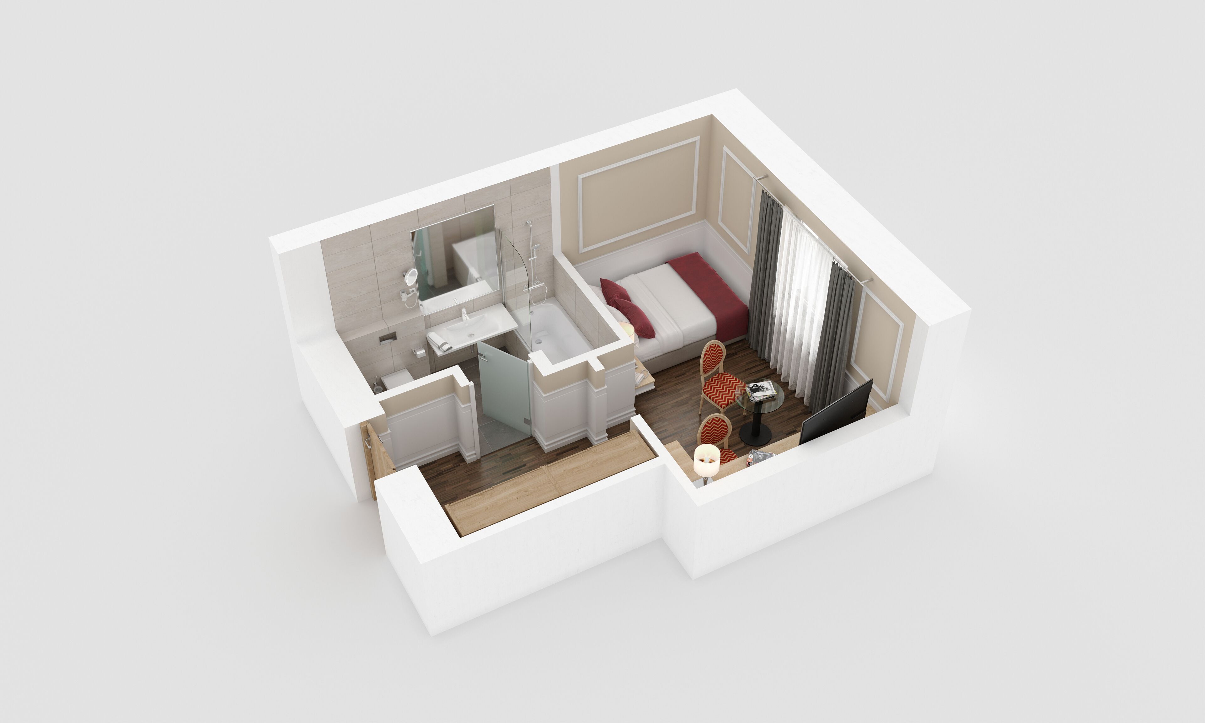 Modelo 3D de una habitación de hotel con baño, cama, una mesita y una silla.