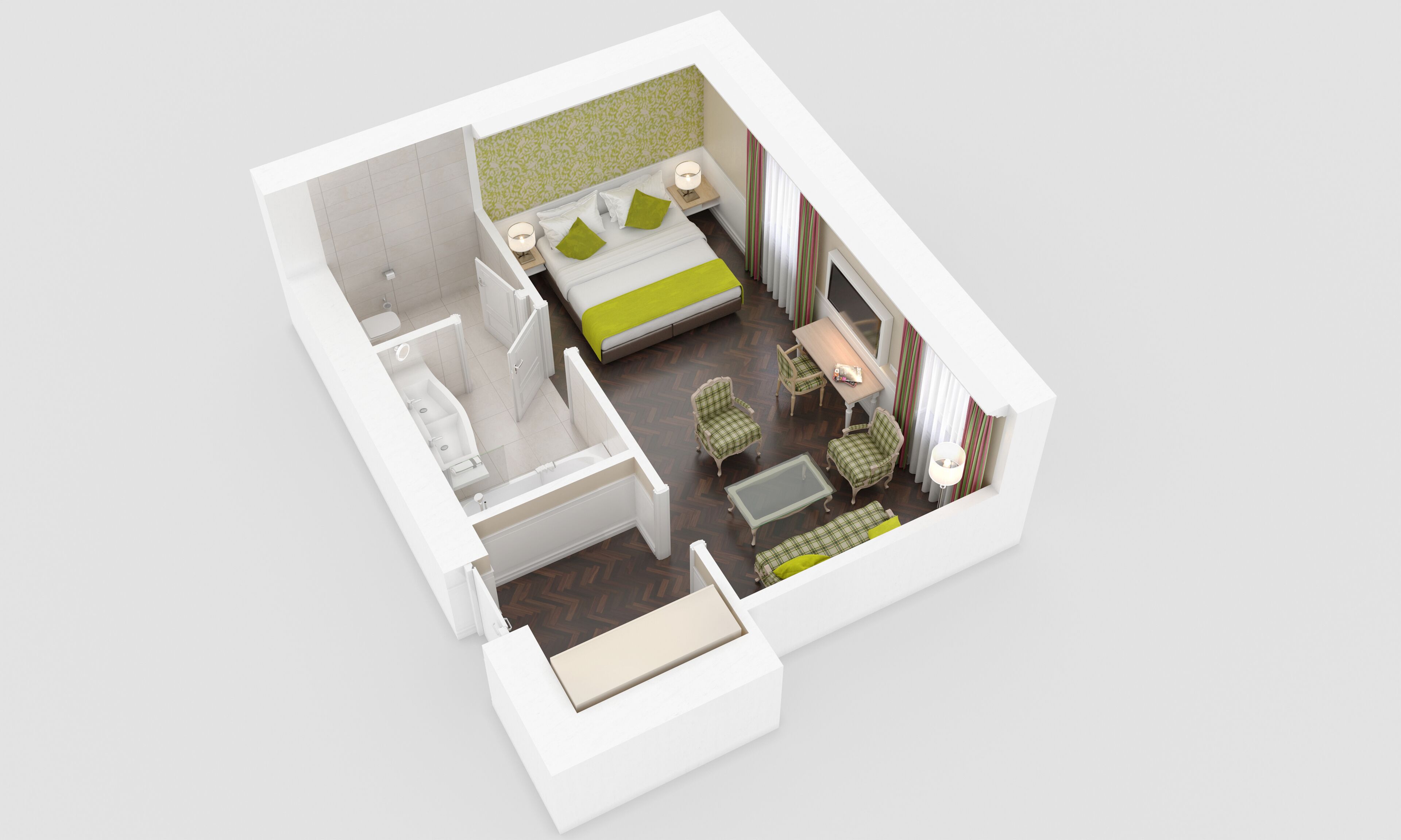 A 3D model of a hotel room with a bed, a desk, a chair, a small table, a sofa, and a bathroom.