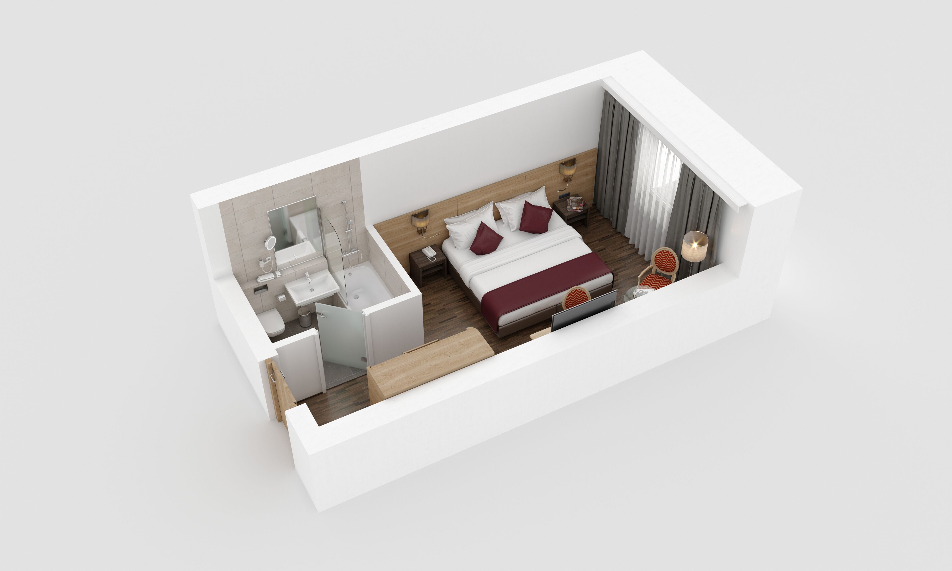 Modello tridimensionale di una camera d'albergo con letto, comodino, lampada e vista sul bagno.