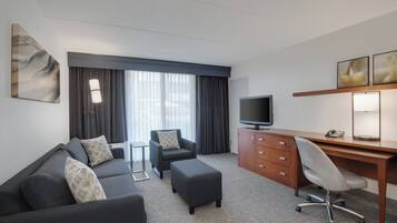 Une chambre d’hôtel équipée d’un canapé, d’un bureau, d’une télévision et d’une grande fenêtre avec des rideaux.