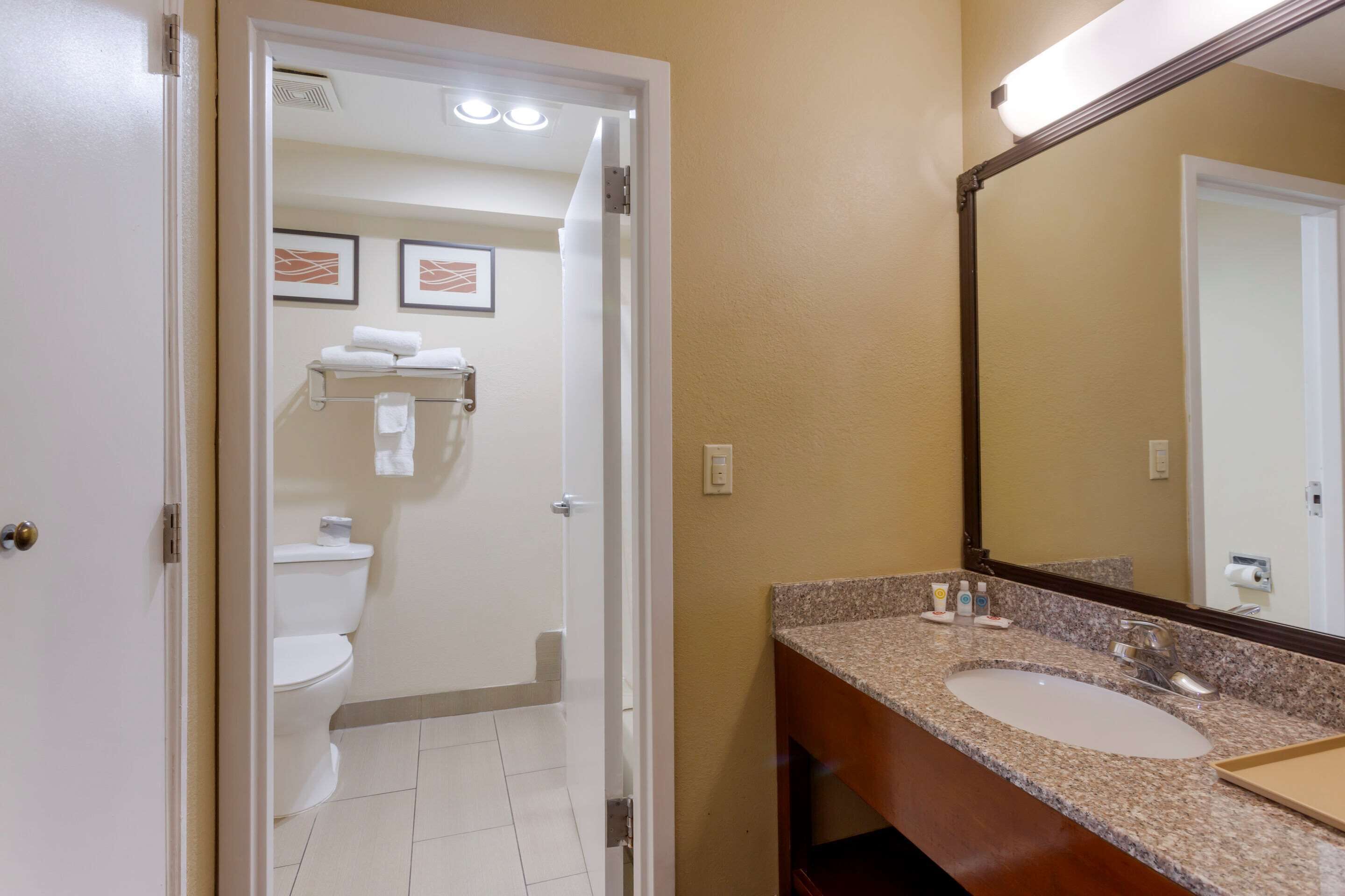 A bathroom with a white toilet, a sink, and a mirror.