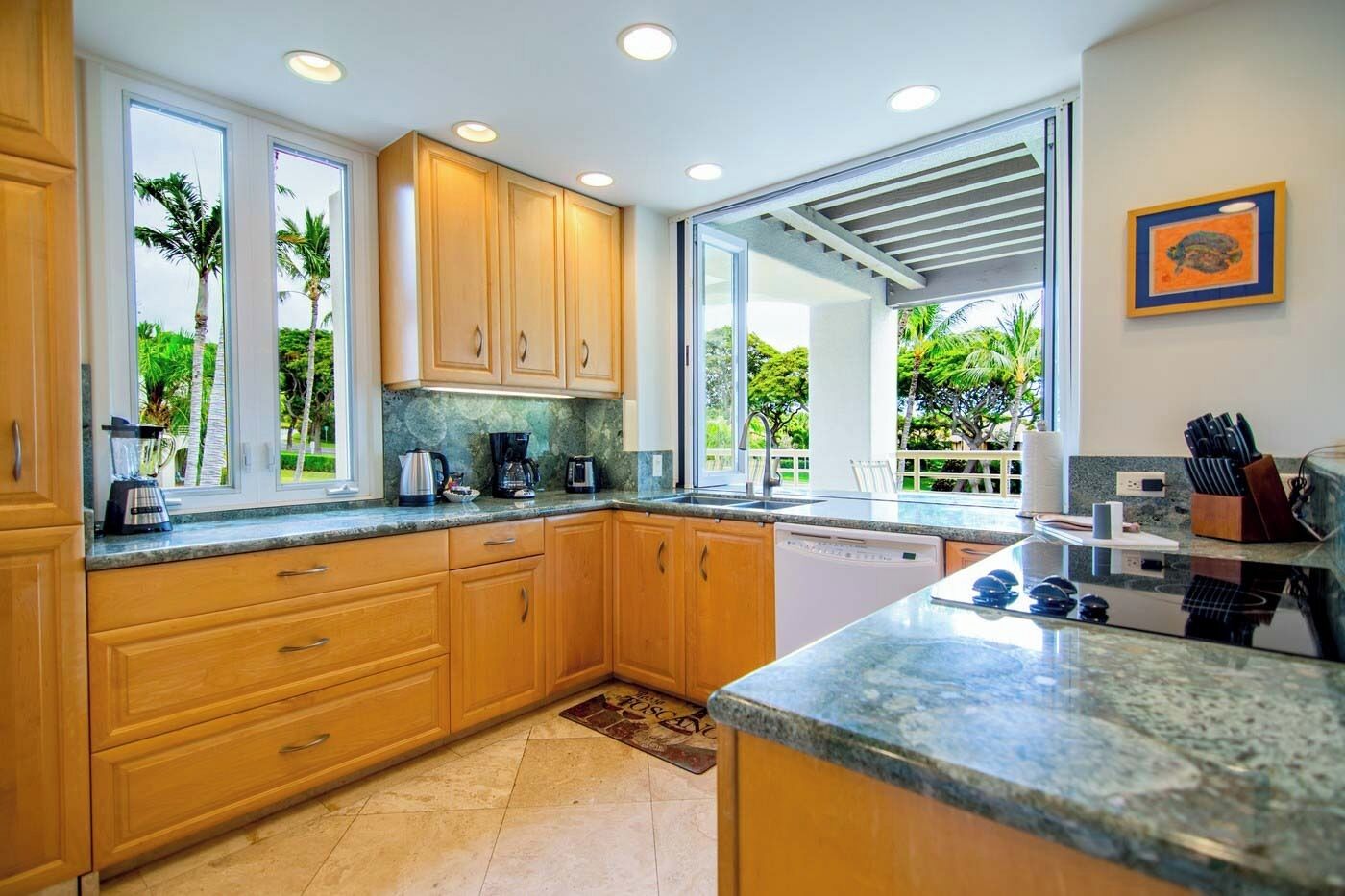 A modern kitchen with wooden cabinets, granite countertops, and a view of palm trees outside.
