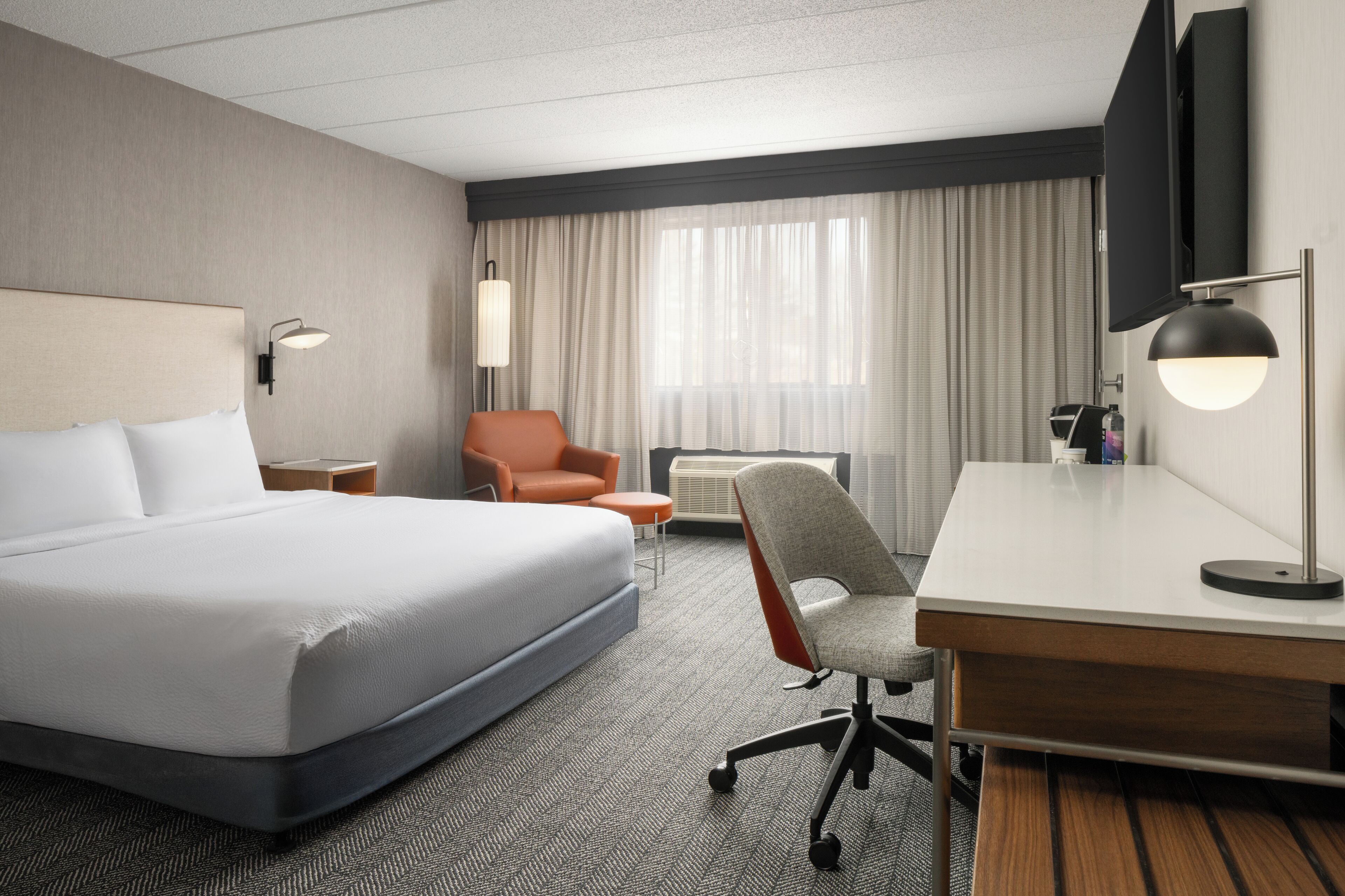 Hypo-allergenic bedding, desk, laptop workspace, iron/ironing board