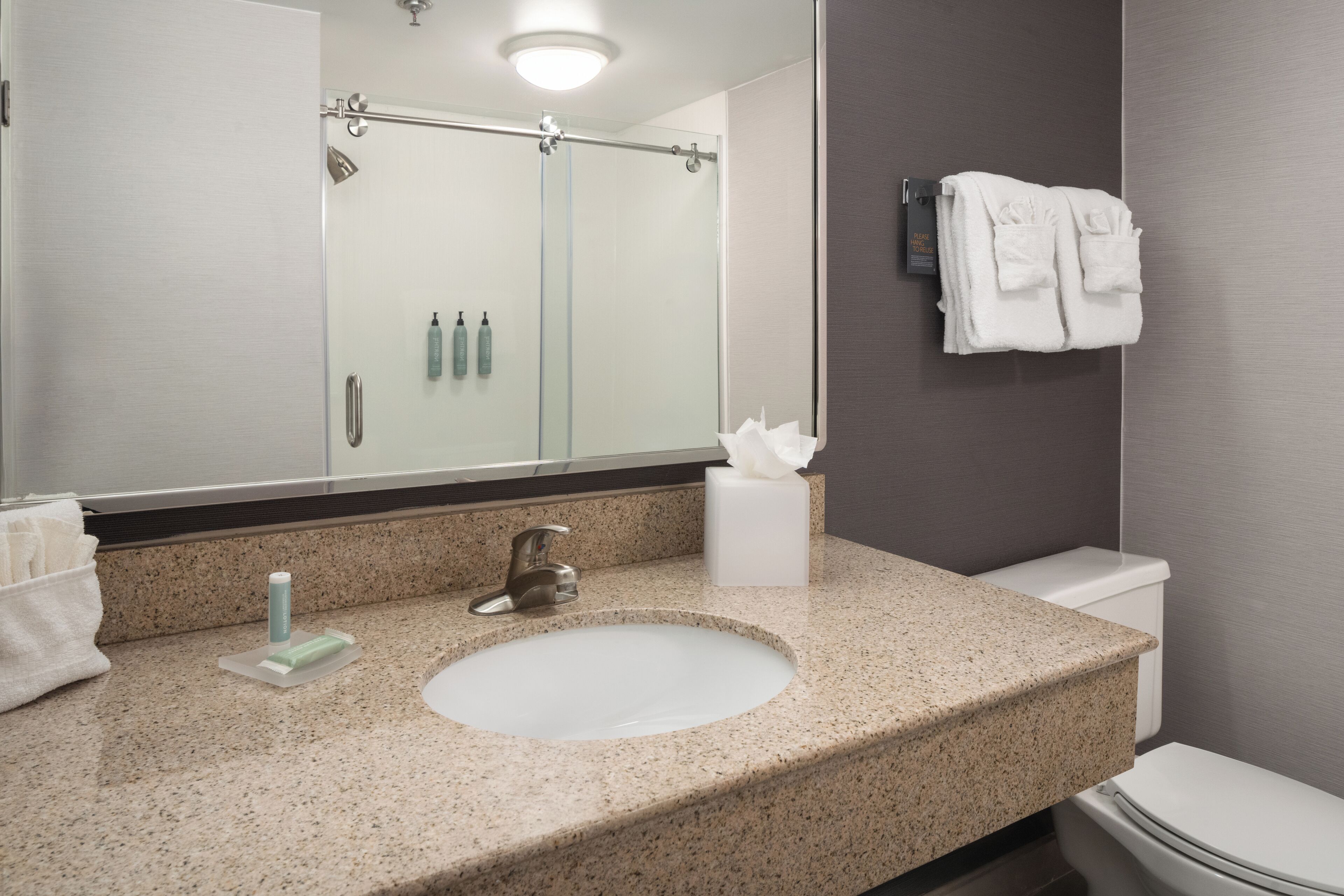 Un baño con encimera de granito, lavamanos, espejo, toallero y retrete.